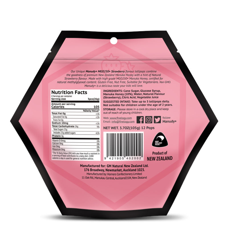 MANUDY+ Manuka Honey Lollipop- Strawberry Flavour